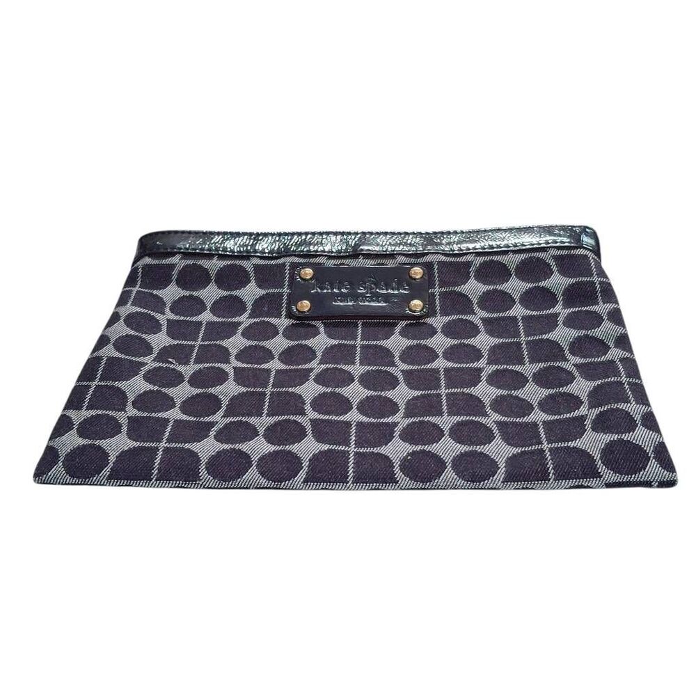 Vintage Kate Spade Clutch | Navy Logo Canvas with Patent Leather Trim | Red Inte